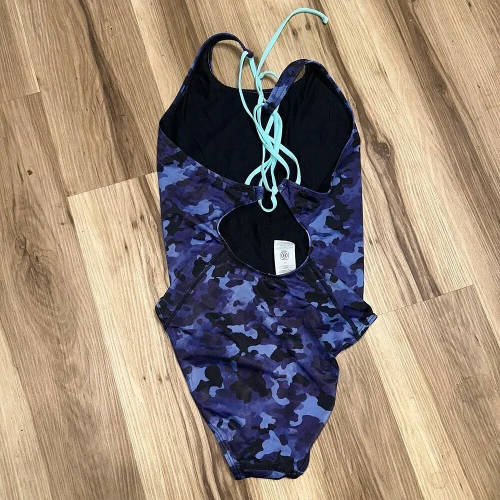 Athleta Freestyle blue camo 34 tie back sporty one piece swimsuit